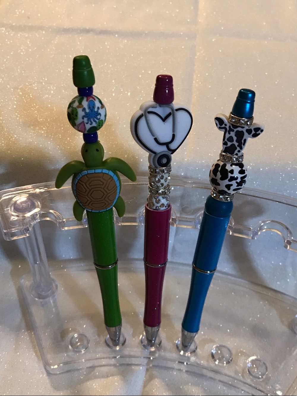 Green Turtle, Stethoscope and Black/White Cow - Fun Hand Beaded Crafted Pens